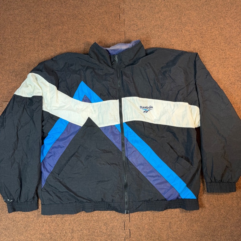 Reebok Windbreaker Jacket Mens XL Black Blue Colorblock Full Zip Vintage Style